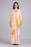 Mandira Wirk_Peach Crepe Embroidery, Tassels V-neck Floral Faux Print Kaftan Dress _Online_at_Aza_Fashions