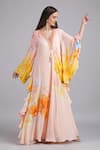 Buy_Mandira Wirk_Peach Crepe Embroidery, Tassels V-neck Floral Faux Print Kaftan Dress _Online_at_Aza_Fashions