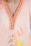 Buy_Mandira Wirk_Peach Crepe Embroidery, Tassels V-neck Floral Faux Print Kaftan Dress 