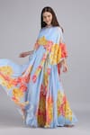 Buy_Mandira Wirk_Blue Chiffon Beads, Sequins High Neck, Faux Cosmos Sky Base Print Cape Dress _Online_at_Aza_Fashions