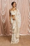 SAANJH BY LEA_White Georgette Zari, Embroidery, Zoya Banarasi Pre-draped Saree With Bustier _Online