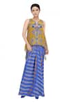 Buy_Soup By Sougat Paul_Blue Crepe Floral Print Round Neck Draped Gown _at_Aza_Fashions