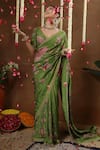 Shop_Miku Kumar_Green Georgette, Tissue Embroidery, Petunia Print Pre-draped Saree With Blouse _Online_at_Aza_Fashions