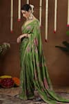 Shop_Miku Kumar_Green Georgette, Tissue Embroidery, Petunia Print Pre-draped Saree With Blouse 