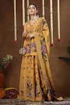 Buy_Miku Kumar_Mustard Georgette, Tissue Embroidery, Beads, Celosia Printed Peplum Kurta Set _at_Aza_Fashions