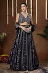 Miku Kumar_Blue Georgette Embroidery, Sequins V-neck, Open Amora Printed Cape Lehenga Set _Online_at_Aza_Fashions