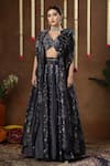Buy_Miku Kumar_Blue Georgette Embroidery, Sequins V-neck, Open Amora Printed Cape Lehenga Set _at_Aza_Fashions