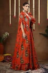 Miku Kumar_Orange Georgette, Tissue Embroidery V-neck, Raiya Floral Print Cape Lehenga Set _at_Aza_Fashions