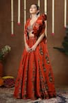 Buy_Miku Kumar_Orange Georgette, Tissue Embroidery V-neck, Raiya Floral Print Cape Lehenga Set 