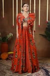 Shop_Miku Kumar_Orange Georgette, Tissue Embroidery V-neck, Raiya Floral Print Cape Lehenga Set 