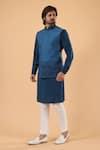 Millionaire_Blue Silk Embroidery Geometric Thread Bundi Kurta Set _Online_at_Aza_Fashions