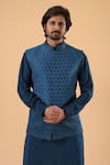 Shop_Millionaire_Blue Silk Embroidery Geometric Thread Bundi Kurta Set _Online_at_Aza_Fashions