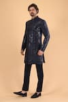 Buy_Millionaire_Blue Silk Embroidery, Sequins Tiki And Threadwork Sherwani With Trouser _Online_at_Aza_Fashions