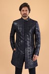 Millionaire_Blue Silk Embroidery, Sequins Tiki And Threadwork Sherwani With Trouser _at_Aza_Fashions