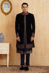 Shop_Millionaire_Blue Velvet, Modal, Satin Embroidery Sherwani Set _Online_at_Aza_Fashions