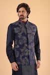 Millionaire_Navy Dupion, Silk Embroidery Cutdana And Thread Work Bundi Kurta Set _at_Aza_Fashions