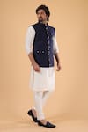 Millionaire_Navy Linen, Silk Embroidery, Metallic Thread Kasab Work Bundi Kurta Set _Online_at_Aza_Fashions
