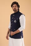 Shop_Millionaire_Navy Linen, Silk Embroidery, Metallic Thread Kasab Work Bundi Kurta Set _Online_at_Aza_Fashions