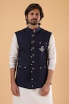 Millionaire_Navy Linen, Silk Embroidery, Metallic Thread Kasab Work Bundi Kurta Set _at_Aza_Fashions