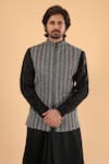 Millionaire_Black Silk, Linen, Satin Embroidery Thread Work Bundi Kurta Set _at_Aza_Fashions