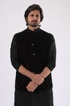 Shop_Millionaire_Black Linen, Satin, Velvet Stones Embroidered Bundi Kurta Set 