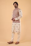 Millionaire_Beige Satin, Silk Embroidery Floral Thread Bundi Kurta Set _Online_at_Aza_Fashions