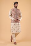 Buy_Millionaire_Beige Satin, Silk Embroidery Floral Thread Bundi Kurta Set _at_Aza_Fashions