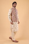 Buy_Millionaire_Beige Satin, Silk Embroidery Floral Thread Bundi Kurta Set _Online_at_Aza_Fashions