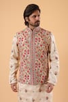 Shop_Millionaire_Beige Satin, Silk Embroidery Floral Thread Bundi Kurta Set _Online_at_Aza_Fashions