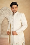 Millionaire_Beige Linen Embroidery, Studs Thread Work Sherwani Set _Online_at_Aza_Fashions