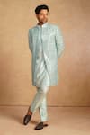 Shop Millionaire Blue Silk Mirrors, Embroidery, Metallic Thread And Work Sherwani Set Online at Aza Fashions Shop_Millionaire_Blue Silk Mirrors, Embroidery, Metallic Thread And Work Sherwani Set _Online_at_Aza_Fashions