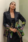 Buy_NOIB_Black Satin Metallic Thread Riva Night Safari Print Blazer _at_Aza_Fashions