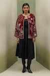 Buy_NOIB_Burgundy Wool Embroidery Round Neck Daria Jacket _Online_at_Aza_Fashions