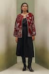 Shop_NOIB_Burgundy Wool Embroidery Round Neck Daria Jacket _Online_at_Aza_Fashions