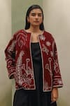 Buy_NOIB_Burgundy Wool Embroidery Round Neck Daria Jacket _at_Aza_Fashions