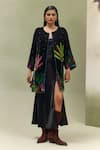 Buy_NOIB_Black Viscose, Velvet Embroidery Round Demi Night Safari Print Poncho Jacket _at_Aza_Fashions