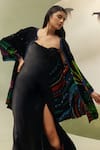 Buy_NOIB_Black Viscose, Velvet Embroidery Round Demi Night Safari Print Poncho Jacket _Online_at_Aza_Fashions