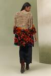 NOIB_Beige Viscose, Velvet Embroidery Round Neck Demi Highland Print Poncho Jacket _Online_at_Aza_Fashions