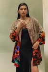 Buy_NOIB_Beige Viscose, Velvet Embroidery Round Neck Demi Highland Print Poncho Jacket _at_Aza_Fashions