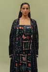 Buy_NOIB_Black Viscose, Velvet Embroidery Open Demi Garden Dancers Print Poncho Jacket _Online_at_Aza_Fashions