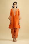 Sheetal Batra_Orange Embroidery, Foil Printing V-neck Kurta Salwar Set _Online_at_Aza_Fashions
