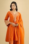 Sheetal Batra_Orange Embroidery, Foil Printing V-neck Kurta Salwar Set _at_Aza_Fashions