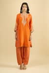 Sheetal Batra_Orange Organza Embroidery, Zari, Gota Patti Round Neck Kurta Salwar Set _at_Aza_Fashions