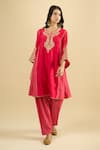 Buy_Sheetal Batra_Red Embroidery, Zari Round Neck, Split V-neck, Button-down Kurta And Salwar Set _at_Aza_Fashions