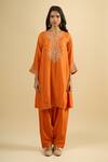 Buy_Sheetal Batra_Orange Embroidery V-neck Gathered Kurta Set _Online_at_Aza_Fashions