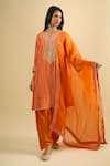 Sheetal Batra_Orange Embroidery V-neck Gathered Kurta Set _at_Aza_Fashions