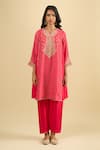 Sheetal Batra_Red Embroidery, Gota Patti V-neck Bandhani Pattern Kurta And Salwar Set _at_Aza_Fashions