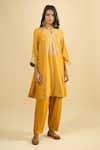 Sheetal Batra_Yellow Embroidery Split V-neck Gathered Kurta And Salwar Set _at_Aza_Fashions