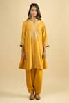 Shop_Sheetal Batra_Yellow Embroidery Split V-neck Gathered Kurta Set _Online_at_Aza_Fashions