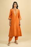 Buy_Sheetal Batra_Orange Embroidery Split V-neck Neckline Kurta And Salwar Set _at_Aza_Fashions